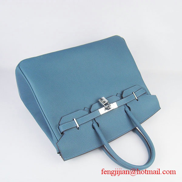 Hermes Birkin 35cm Tendon Veins Leather Bag Blue Silver Hardware